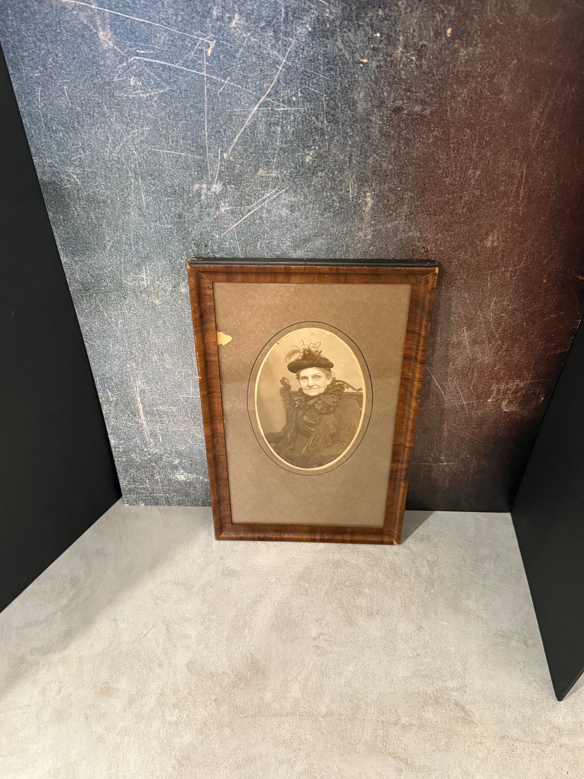 Antique c.1900 Victorian Eldress Portrait in Wide Tiger Grain Flamed Wood Frame – Moody Matriarch Wall Art