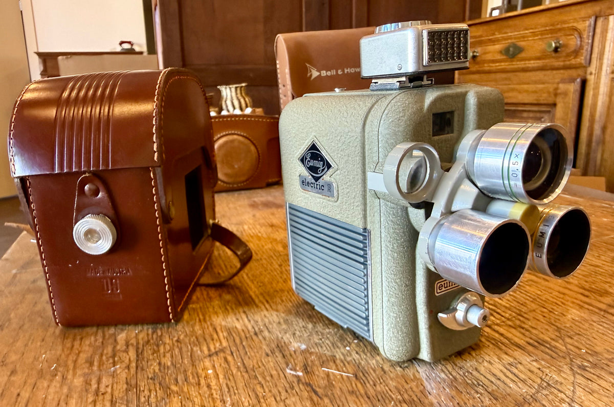 Vintage 1950s Eumig C3M 3-Lens 8mm Movie Camera with Original Light Meter & Leather Case – Made in Austria
