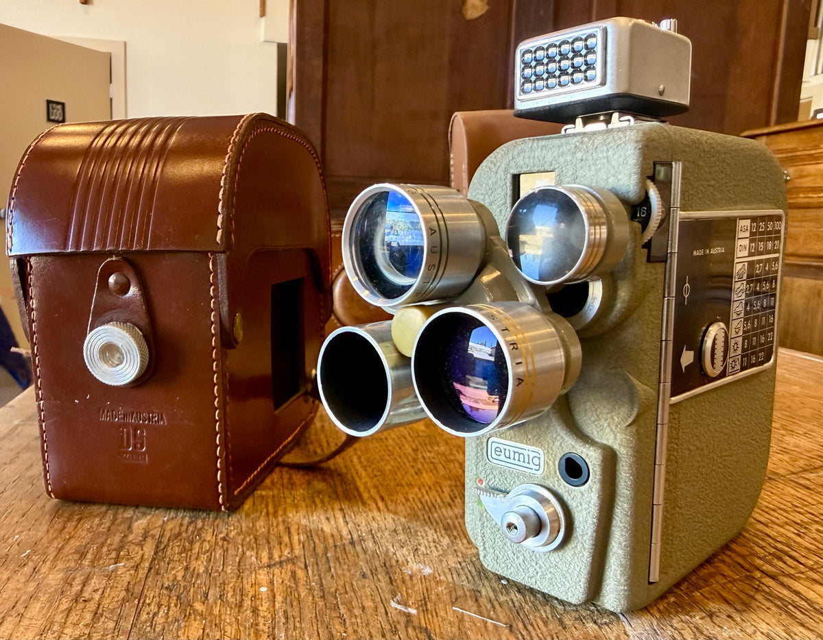 Vintage 1950s Eumig C3M 3-Lens 8mm Movie Camera with Original Light Meter & Leather Case – Made in Austria