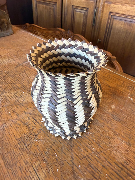 Vintage Tarahumara Hand Woven Double Weave Basket Vase Two-Tone Sotol Cactus Fiber Mexican Folk Art