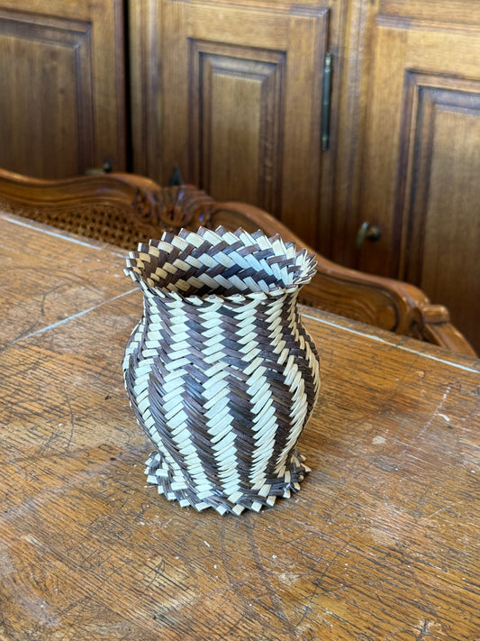 Vintage Tarahumara Hand Woven Double Weave Basket Vase Two-Tone Sotol Cactus Fiber Mexican Folk Art