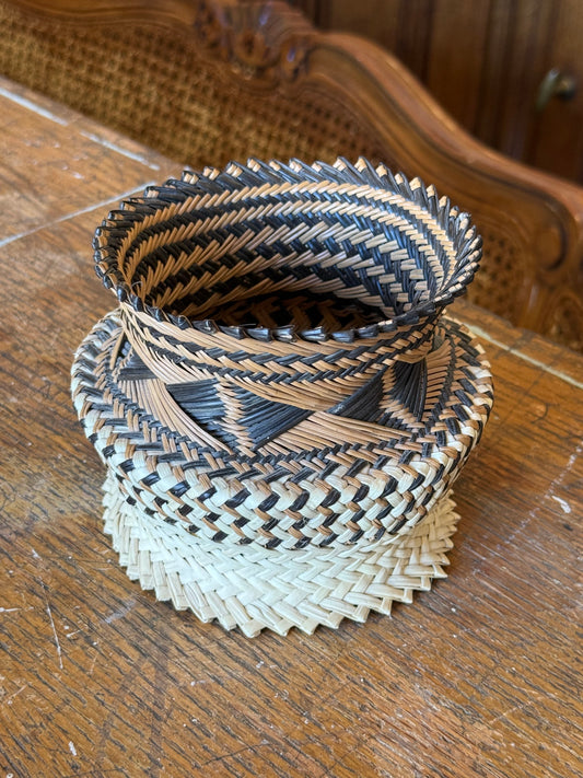 Vintage Tarahumara Hand Woven Double Weave Basket Geometric Triangle Pattern Mexican Folk Art
