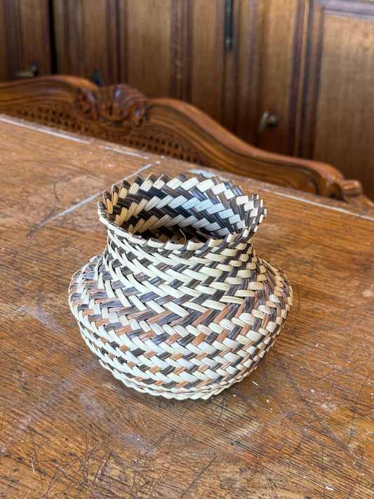 Vintage Tarahumara Hand Woven Double Weave Basket Three Tone Swirl Pattern Mexican Folk Art