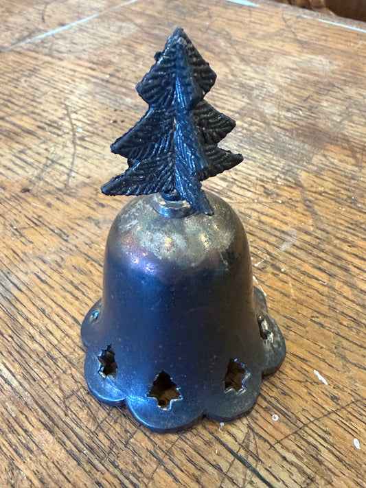 Vintage Silver Plated Brass Christmas Tree Hand Bell Open Cutout Rim Holiday Decor Made in India