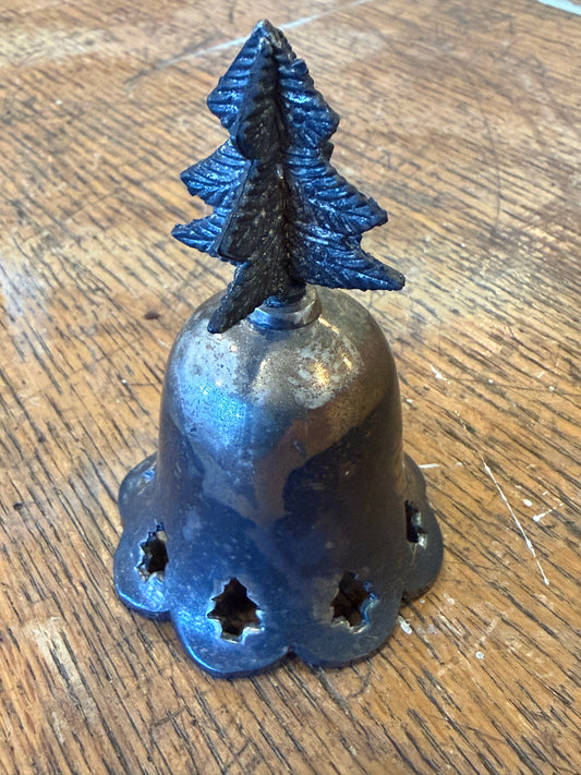 Vintage Silver Plated Brass Christmas Tree Hand Bell Open Cutout Rim Holiday Decor Made in India