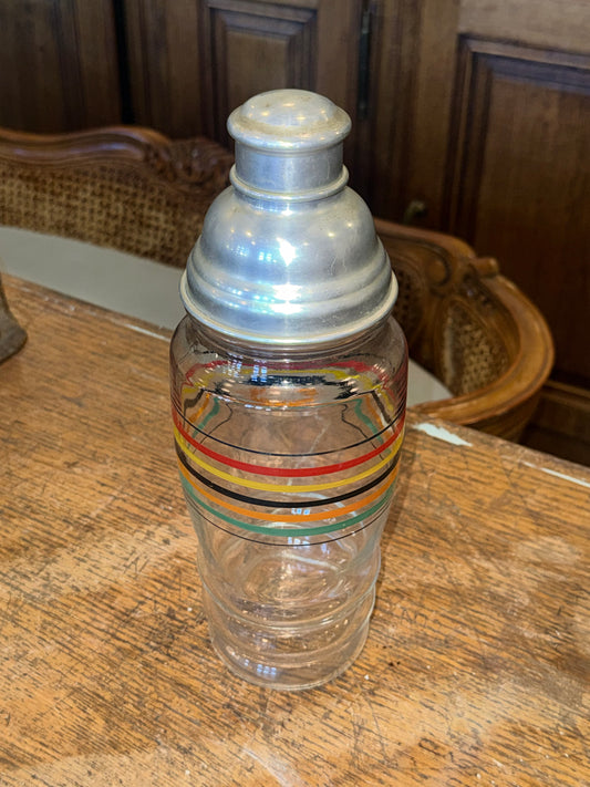 Vintage 1930's Hazel Atlas Rainbow Striped Glass Cocktail Shaker with Aluminum Top Lid
