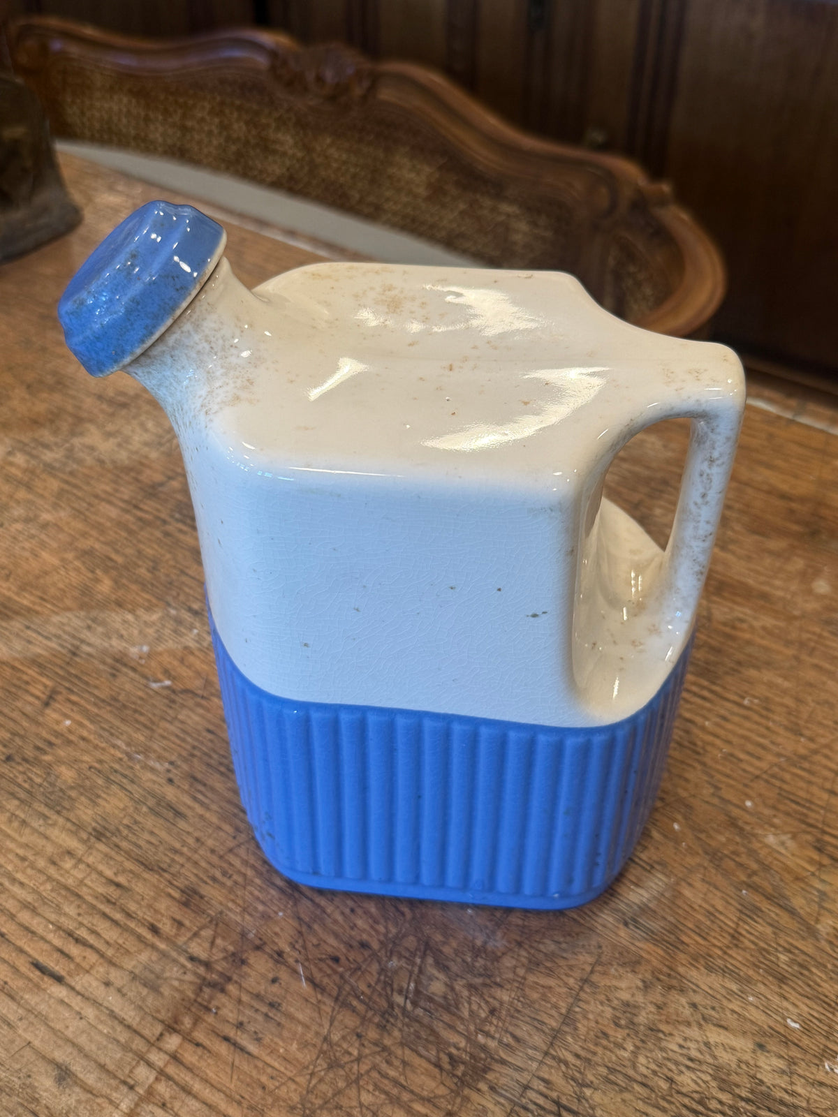Vintage 1930s Universal Potteries Refrigerator Water Jug - Blue Ribbed Ceramic Pitcher with Stopper