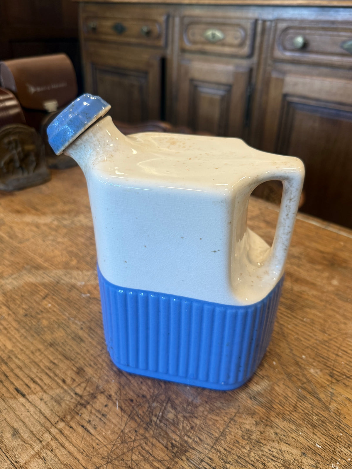 Vintage 1930s Universal Potteries Refrigerator Water Jug - Blue Ribbed Ceramic Pitcher with Stopper