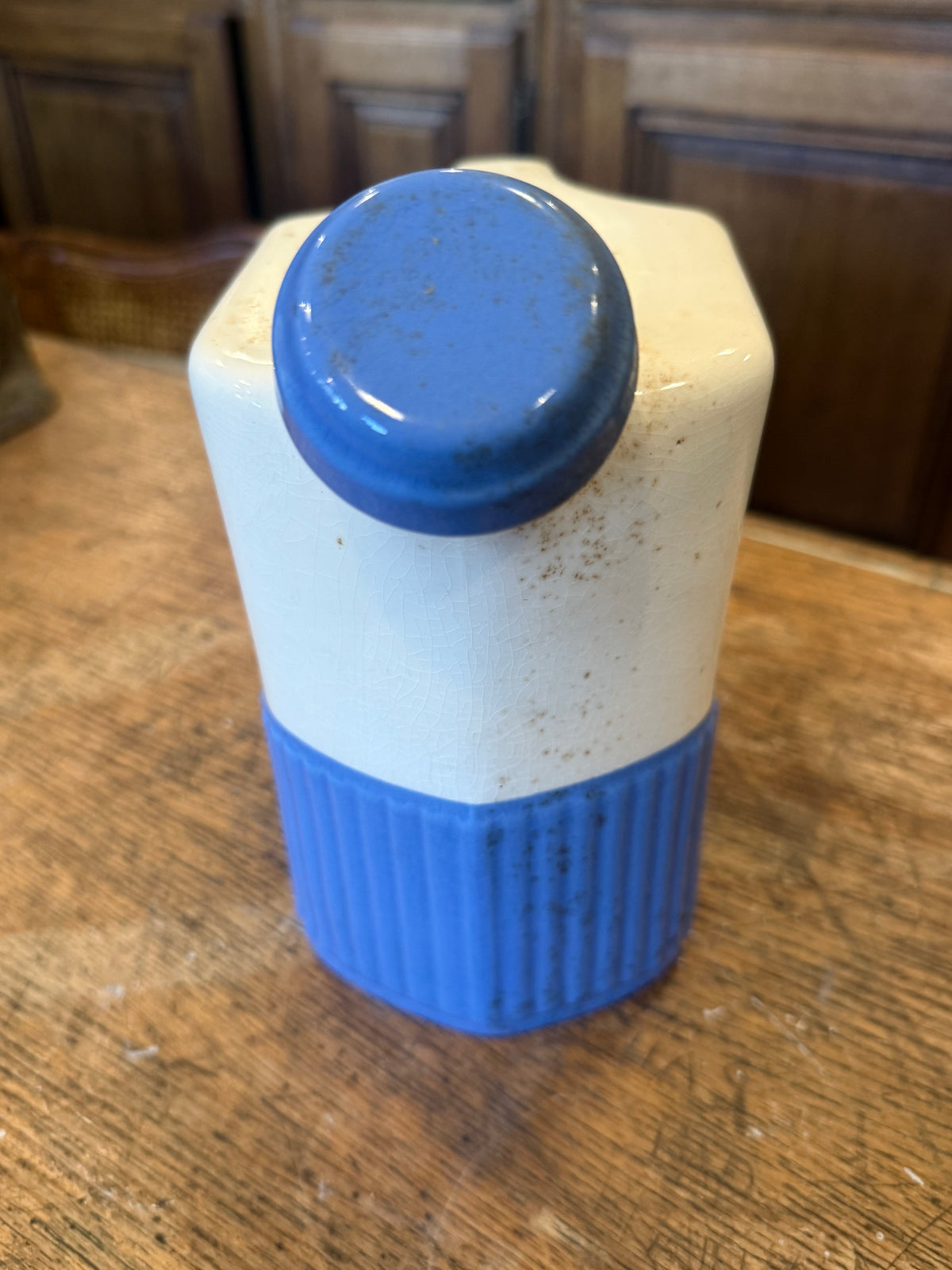 Vintage 1930s Universal Potteries Refrigerator Water Jug - Blue Ribbed Ceramic Pitcher with Stopper