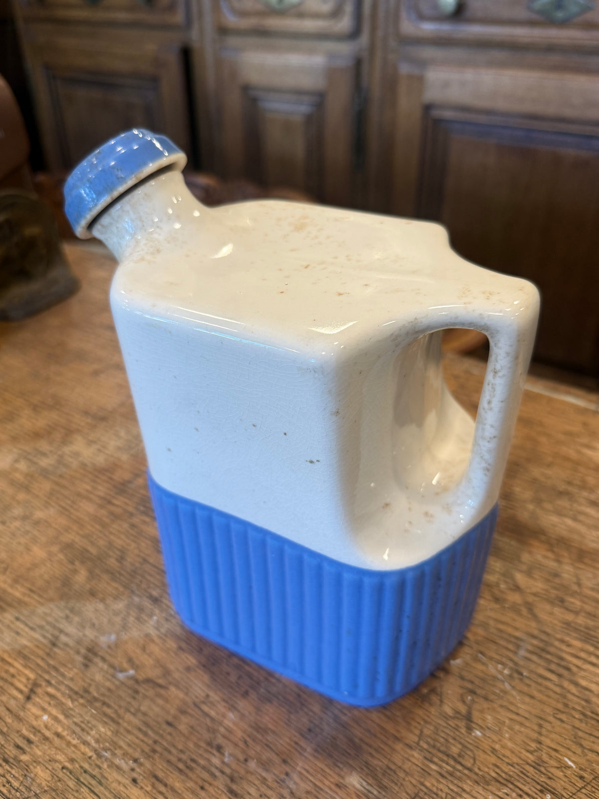 Vintage 1930s Universal Potteries Refrigerator Water Jug - Blue Ribbed Ceramic Pitcher with Stopper