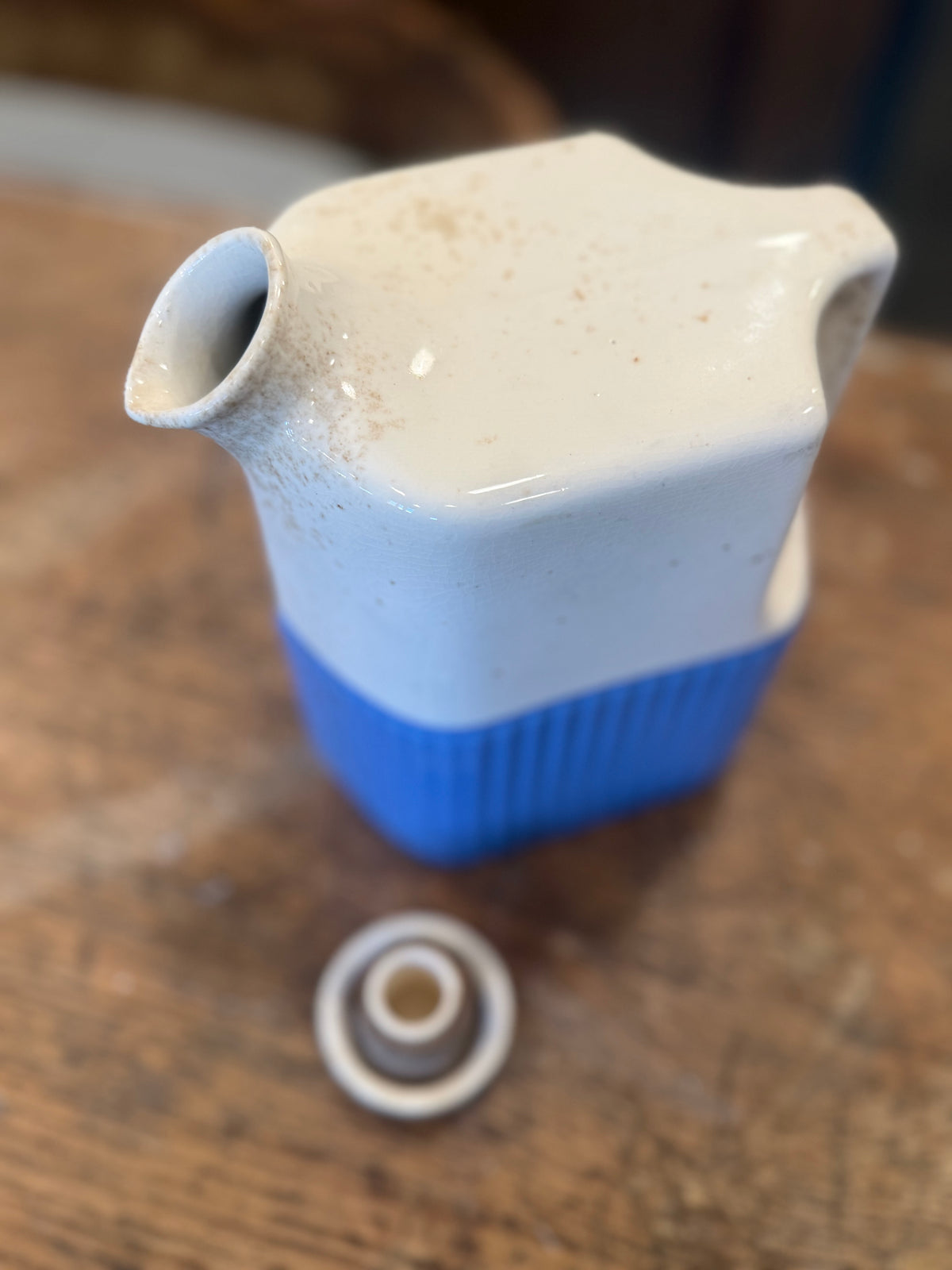 Vintage 1930s Universal Potteries Refrigerator Water Jug - Blue Ribbed Ceramic Pitcher with Stopper