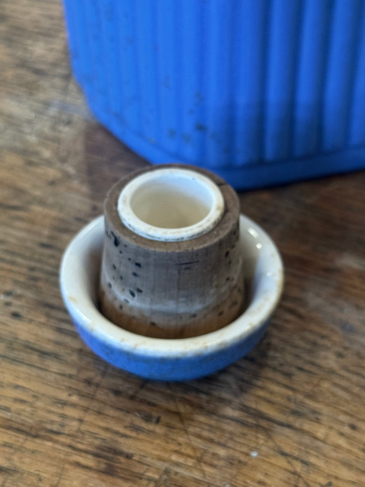 Vintage 1930s Universal Potteries Refrigerator Water Jug - Blue Ribbed Ceramic Pitcher with Stopper