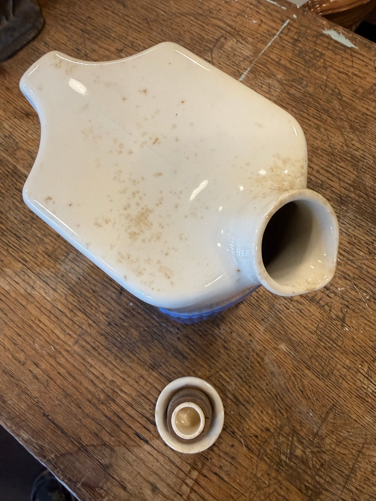 Vintage 1930s Universal Potteries Refrigerator Water Jug - Blue Ribbed Ceramic Pitcher with Stopper