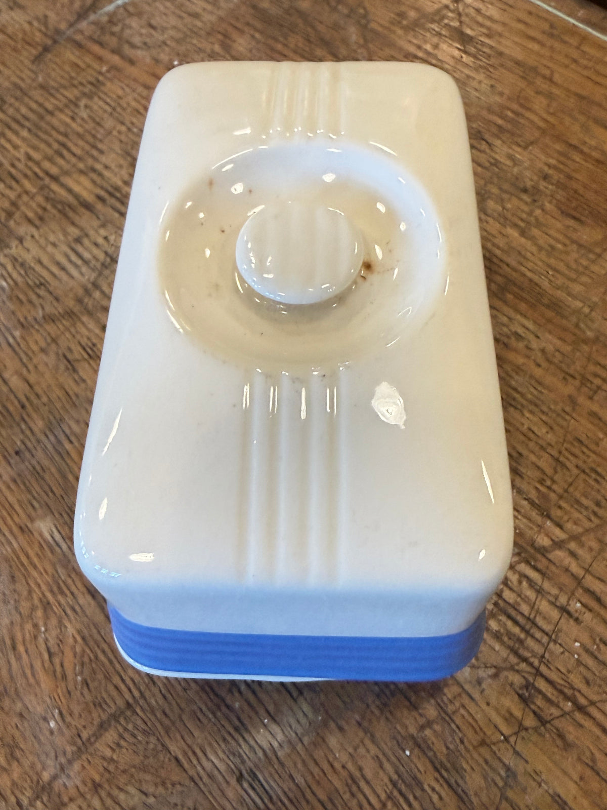 Vintage 1930s Universal Potteries Refrigerator Dish - Blue Ribbed Ceramic Leftover Box with Lid