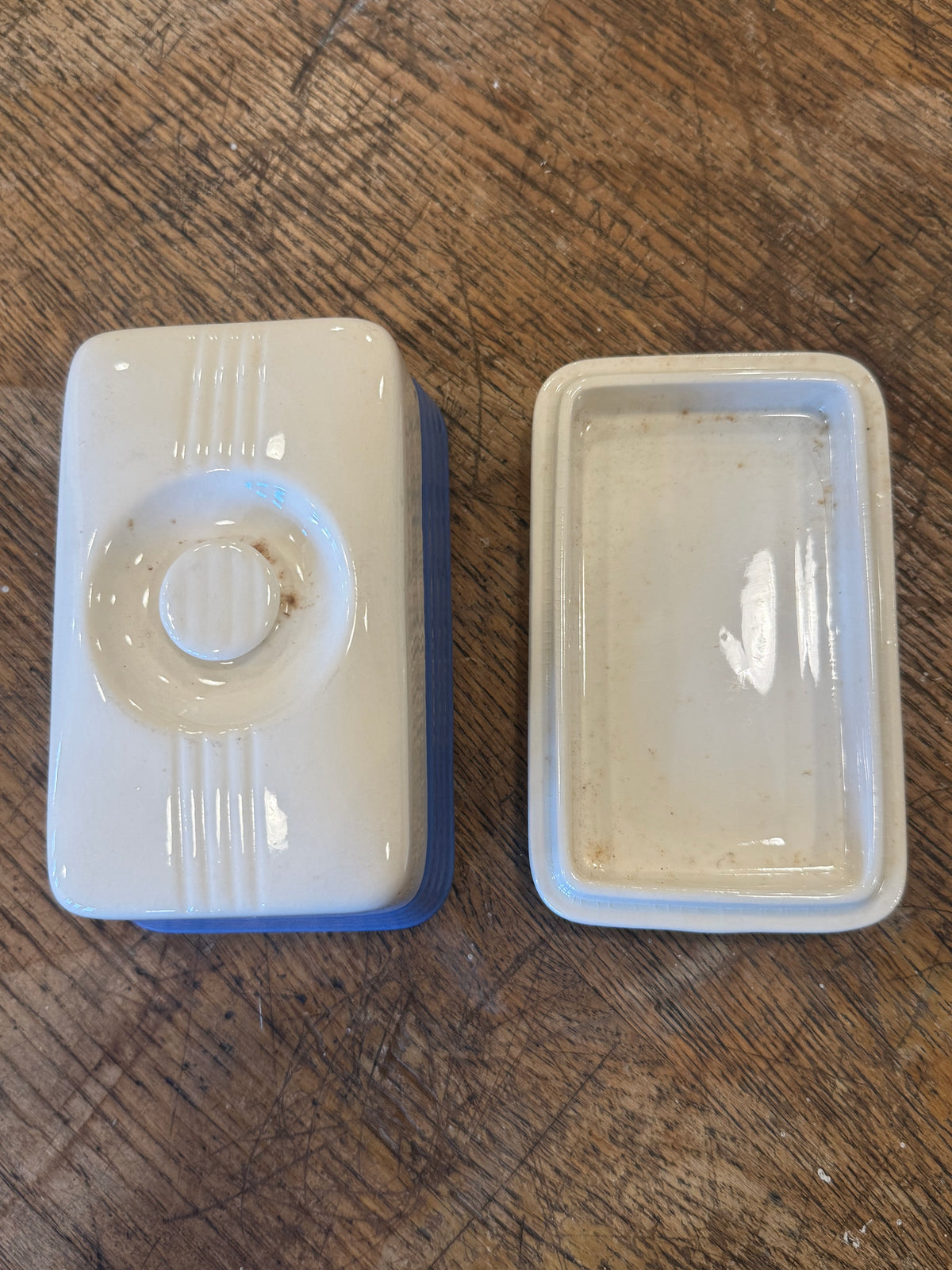 Vintage 1930s Universal Potteries Refrigerator Dish - Blue Ribbed Ceramic Leftover Box with Lid