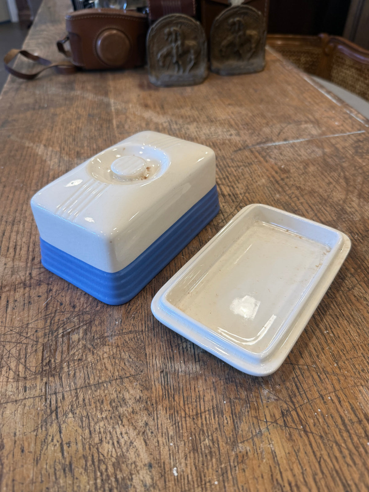Vintage 1930s Universal Potteries Refrigerator Dish - Blue Ribbed Ceramic Leftover Box with Lid