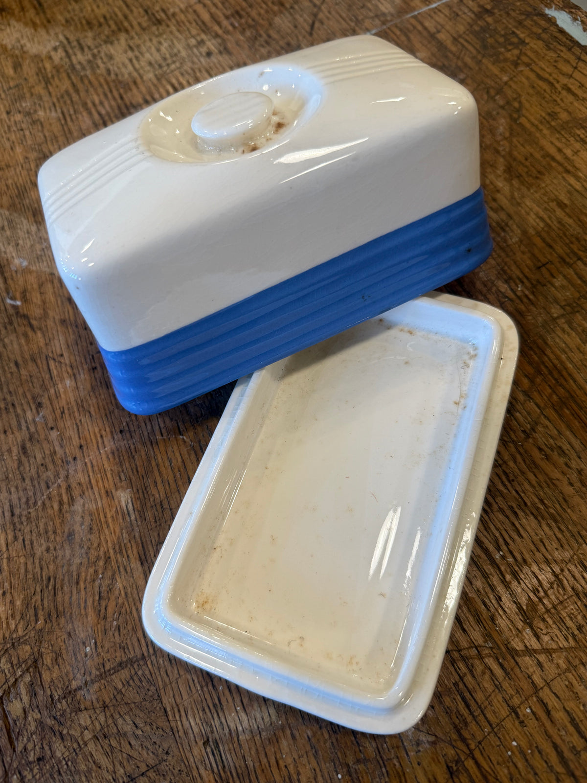 Vintage 1930s Universal Potteries Refrigerator Dish - Blue Ribbed Ceramic Leftover Box with Lid