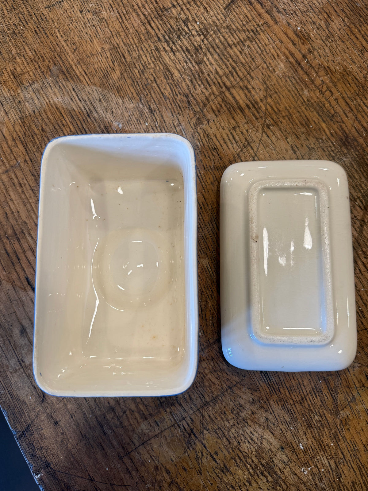 Vintage 1930s Universal Potteries Refrigerator Dish - Blue Ribbed Ceramic Leftover Box with Lid