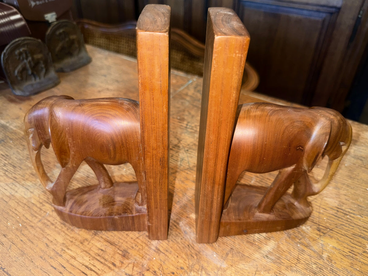 Pair of Vintage Mid-Century Hand-Carved Wooden Elephant Bookends - Made in Kenya East Africa