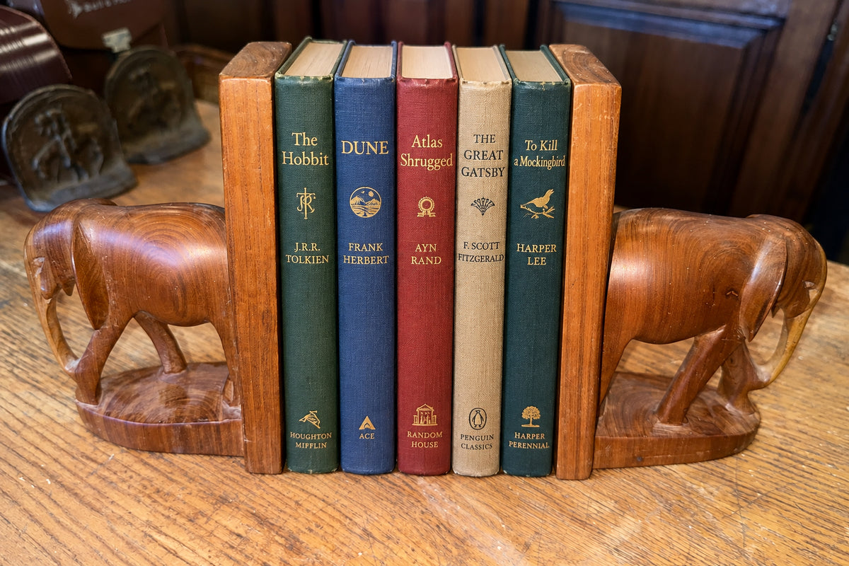 Pair of Vintage Mid-Century Hand-Carved Wooden Elephant Bookends - Made in Kenya East Africa