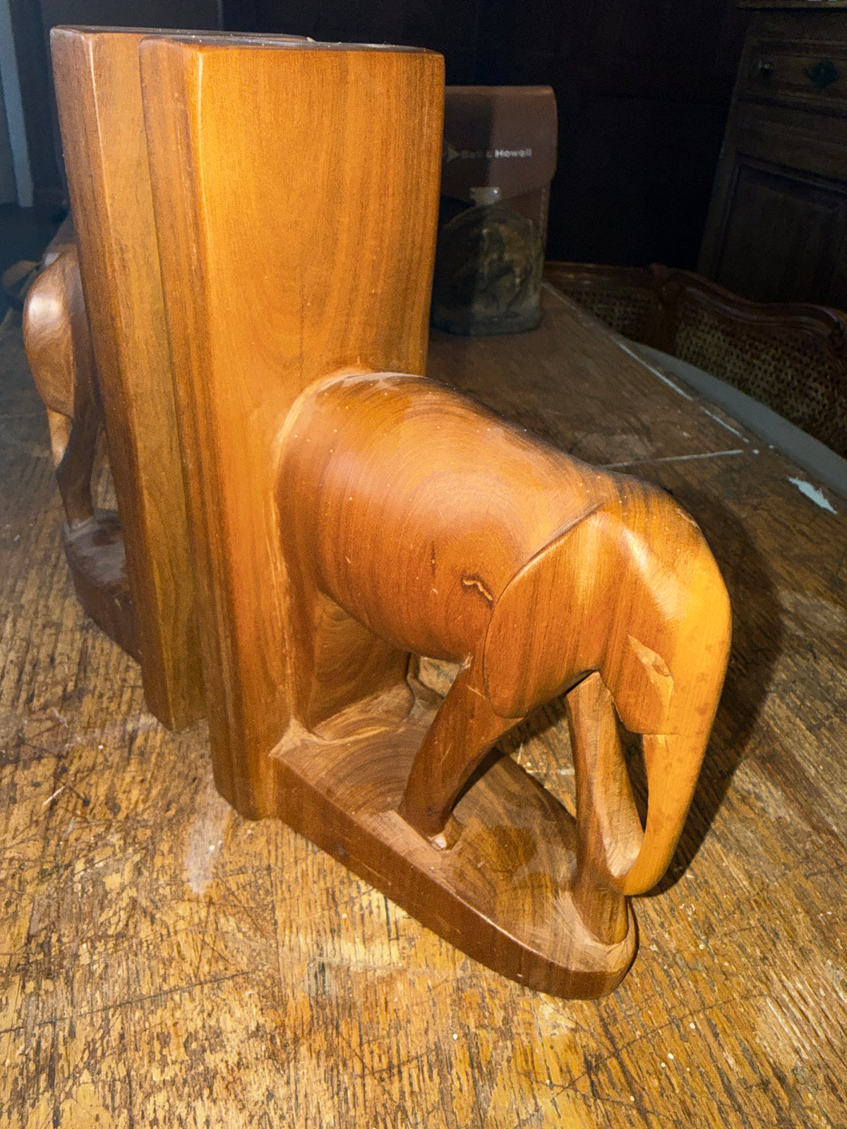 Pair of Vintage Mid-Century Hand-Carved Wooden Elephant Bookends - Made in Kenya East Africa