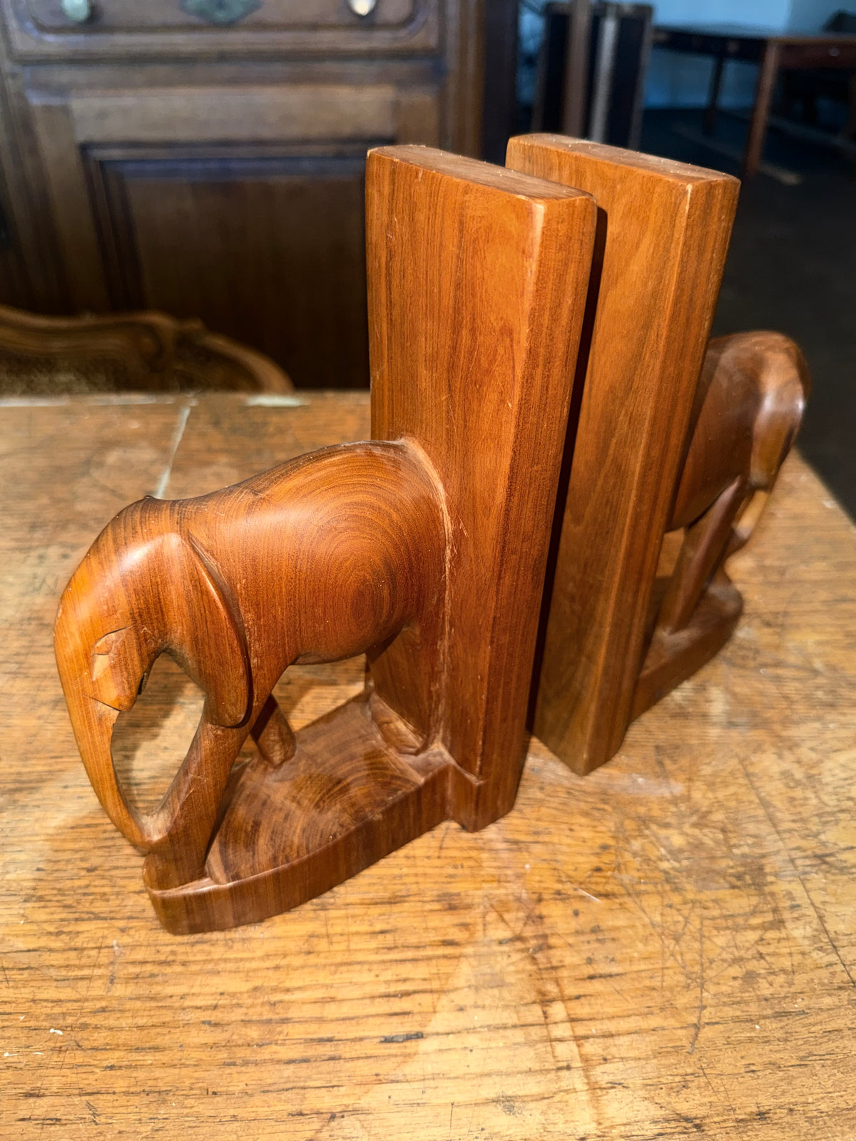 Pair of Vintage Mid-Century Hand-Carved Wooden Elephant Bookends - Made in Kenya East Africa