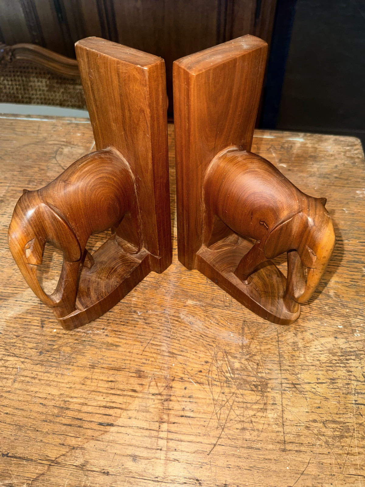 Pair of Vintage Mid-Century Hand-Carved Wooden Elephant Bookends - Made in Kenya East Africa