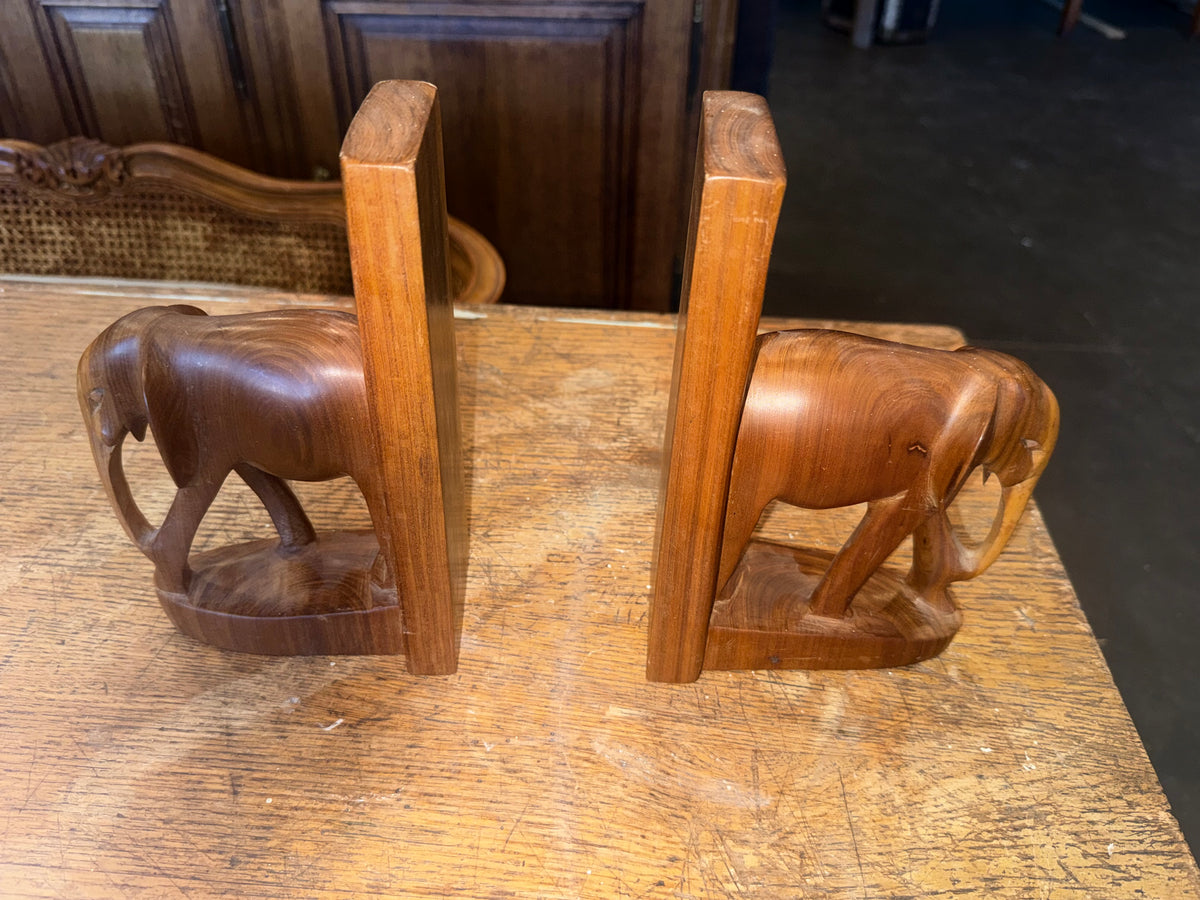 Pair of Vintage Mid-Century Hand-Carved Wooden Elephant Bookends - Made in Kenya East Africa