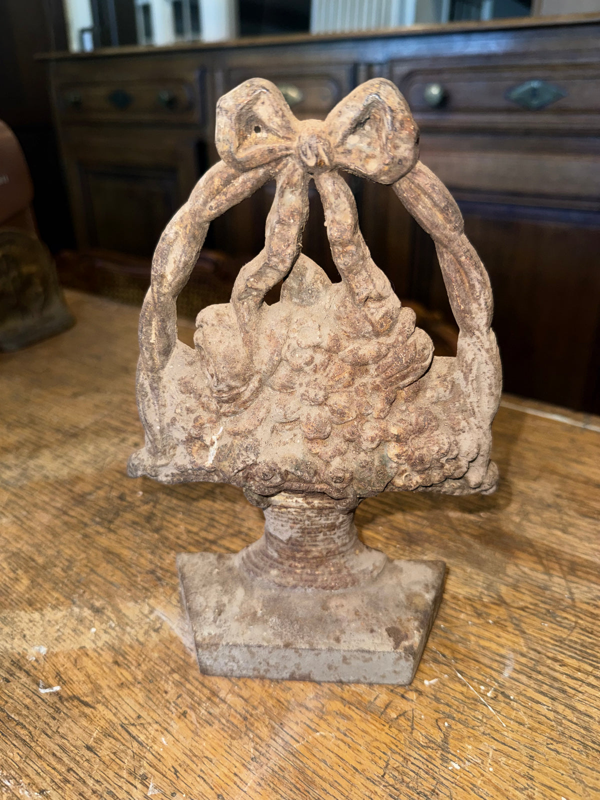 • Antique 1920s Cast Iron Flower Basket Doorstop - Rustic Heavy Bow Handle Door Stop