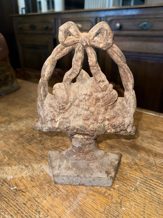Antique 1920s Cast Iron Flower Basket Doorstop Rustic Heavy Bow Handle Door Stop