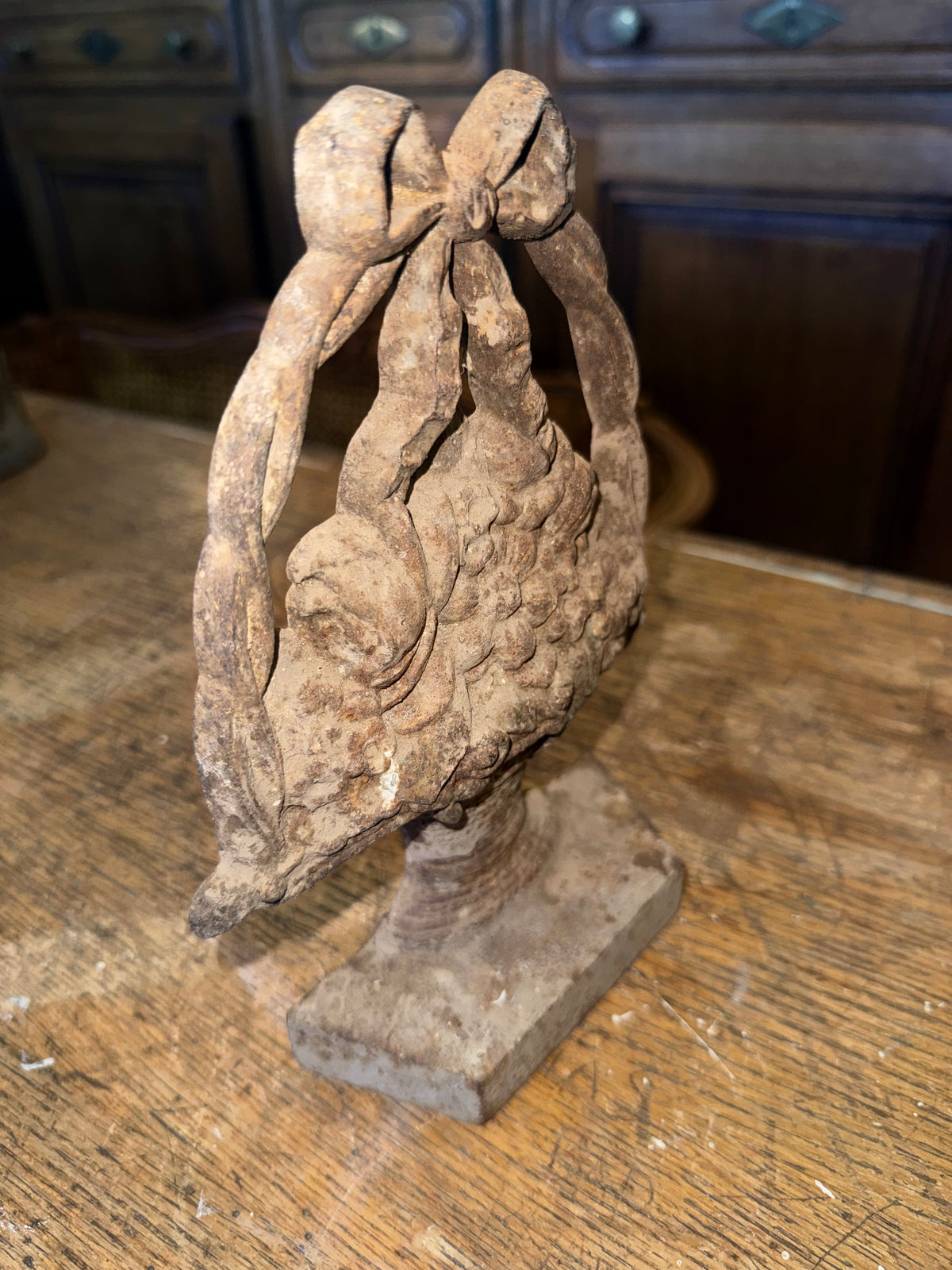 • Antique 1920s Cast Iron Flower Basket Doorstop - Rustic Heavy Bow Handle Door Stop