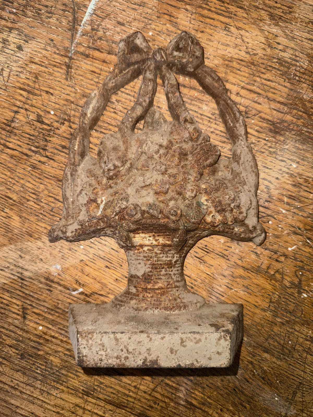 • Antique 1920s Cast Iron Flower Basket Doorstop - Rustic Heavy Bow Handle Door Stop