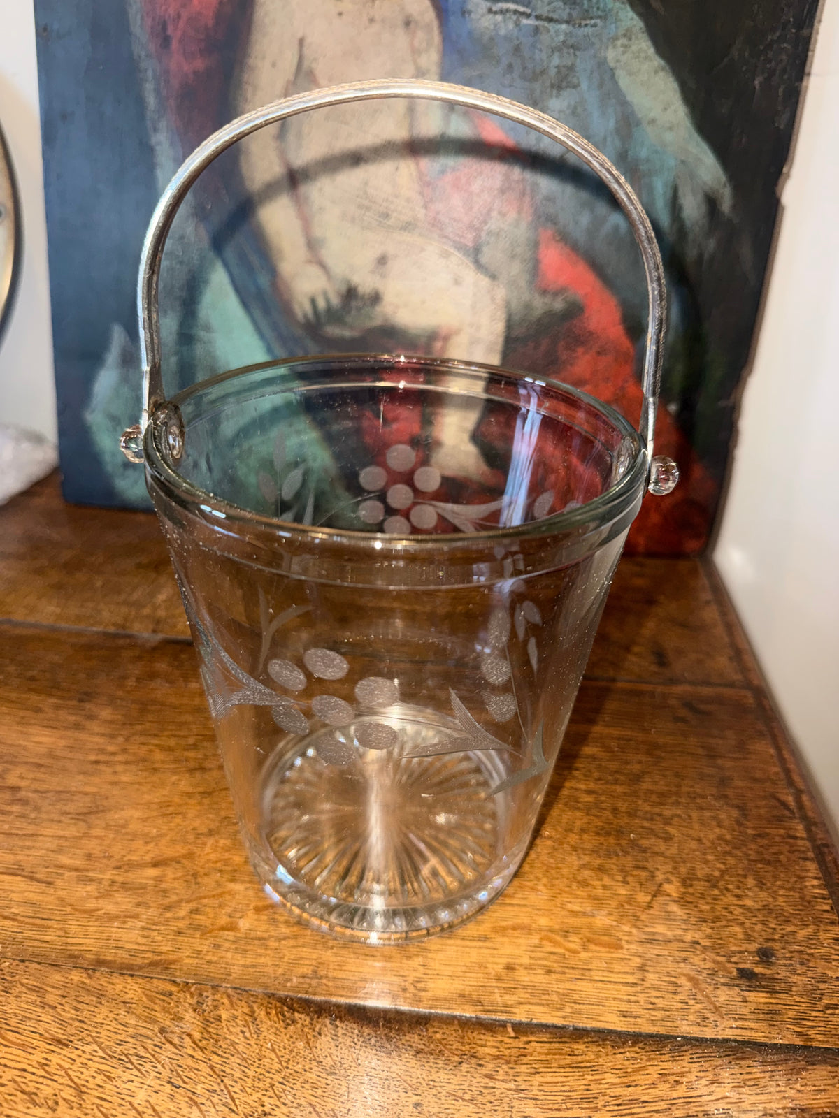 Vintage Mid-Century Hand-Etched Glass Ice Bucket - Silver Swing Handle Starburst Base