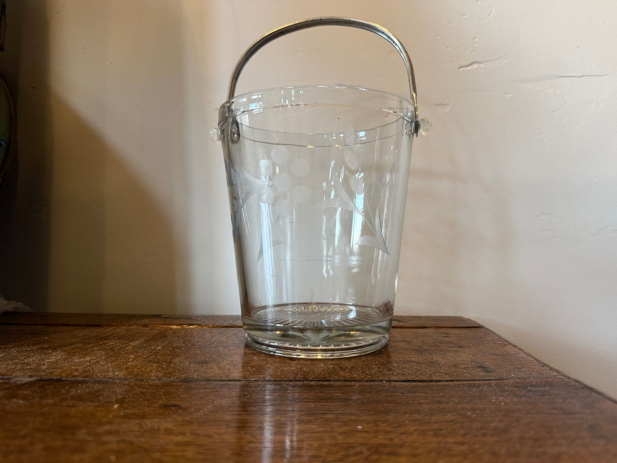Vintage Mid-Century Hand-Etched Glass Ice Bucket - Silver Swing Handle Starburst Base