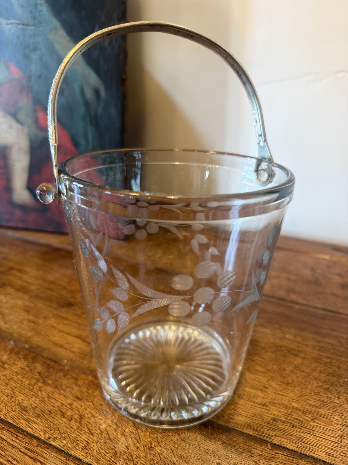 Vintage Mid-Century Hand-Etched Glass Ice Bucket - Silver Swing Handle Starburst Base