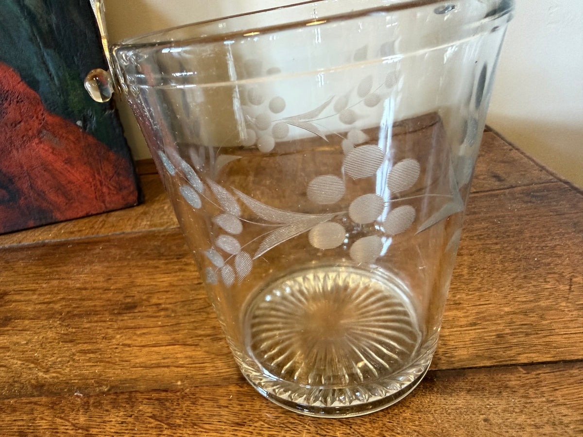 Vintage Mid-Century Hand-Etched Glass Ice Bucket - Silver Swing Handle Starburst Base