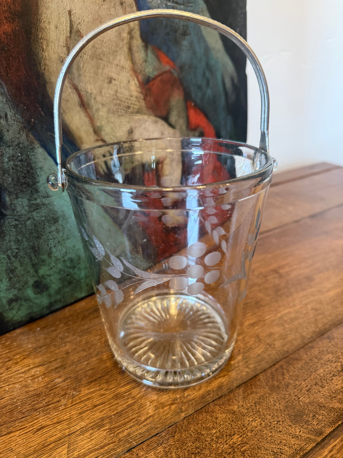 Vintage Mid-Century Hand-Etched Glass Ice Bucket - Silver Swing Handle Starburst Base