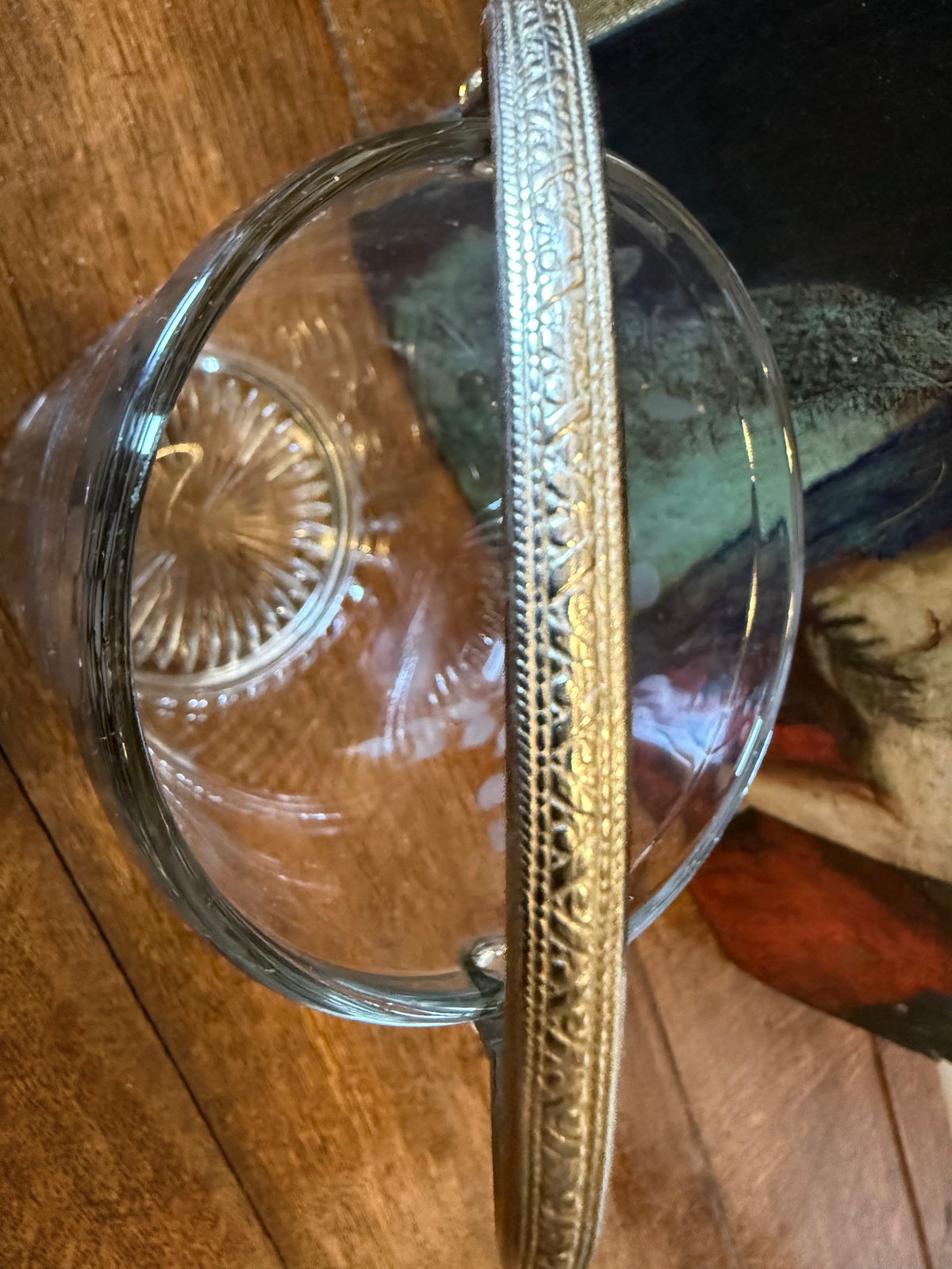Vintage Mid-Century Hand-Etched Glass Ice Bucket - Silver Swing Handle Starburst Base