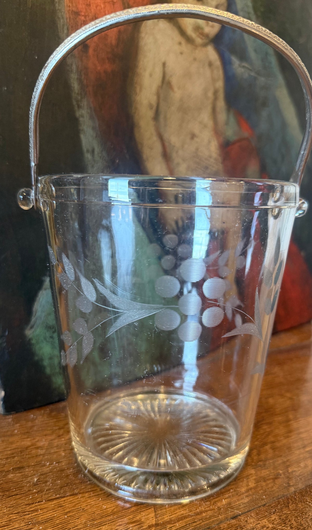 Vintage Mid-Century Hand-Etched Glass Ice Bucket - Silver Swing Handle Starburst Base