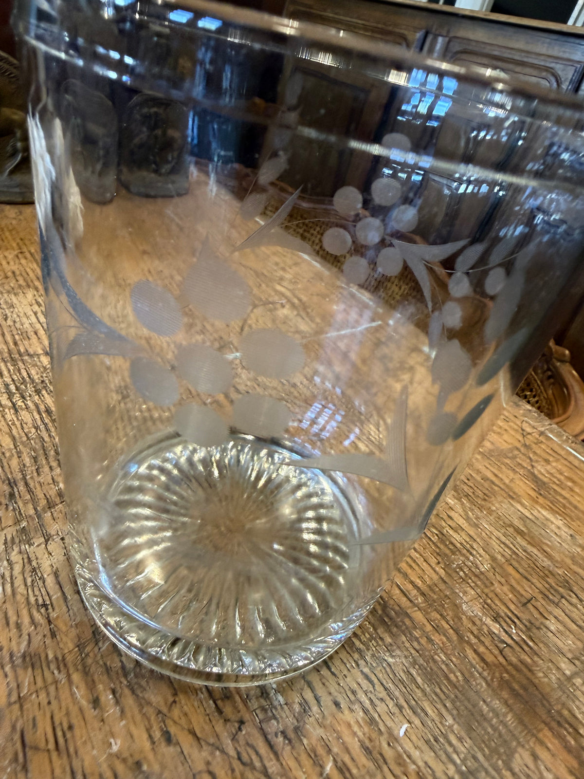 Vintage Mid-Century Hand-Etched Glass Ice Bucket - Silver Swing Handle Starburst Base