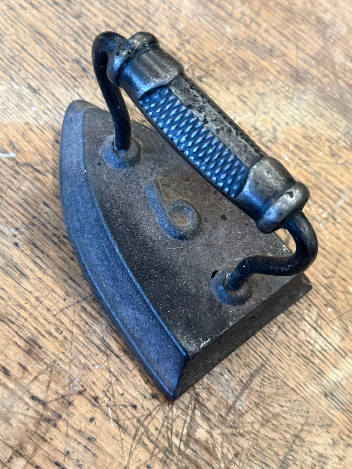 Antique 1890s Asbestos Sad Iron No. 6 - Cast Iron Flatiron with Heavy Diamond Grip Handle