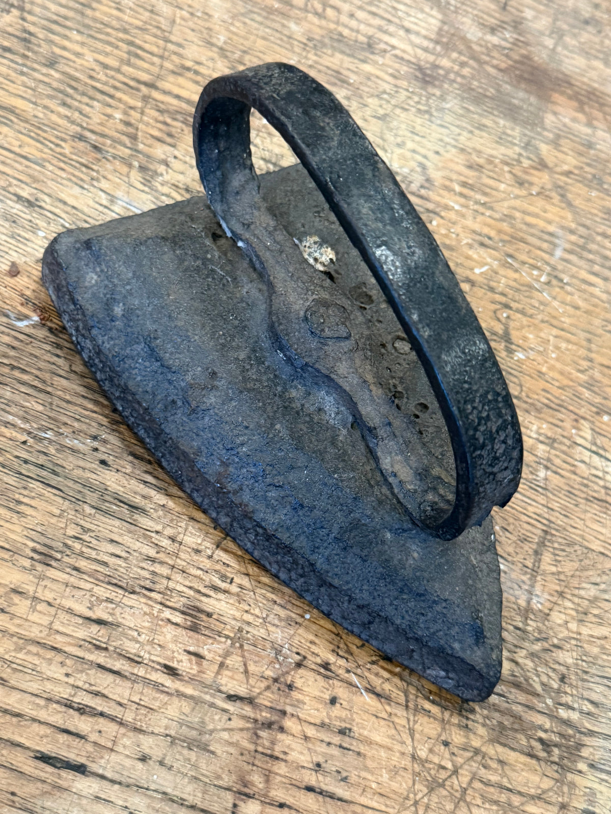 Antique 1800s Primitive Cast Iron Sad Iron - Blacksmith Forged Flat Strap Handle Doorstop