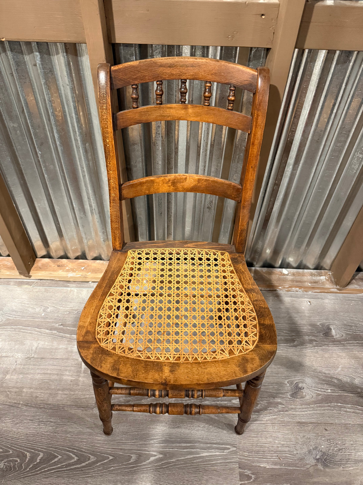 Antique Victorian Cane Seat Side Chair | Spindle Back Ladder Chair with Turned Legs
