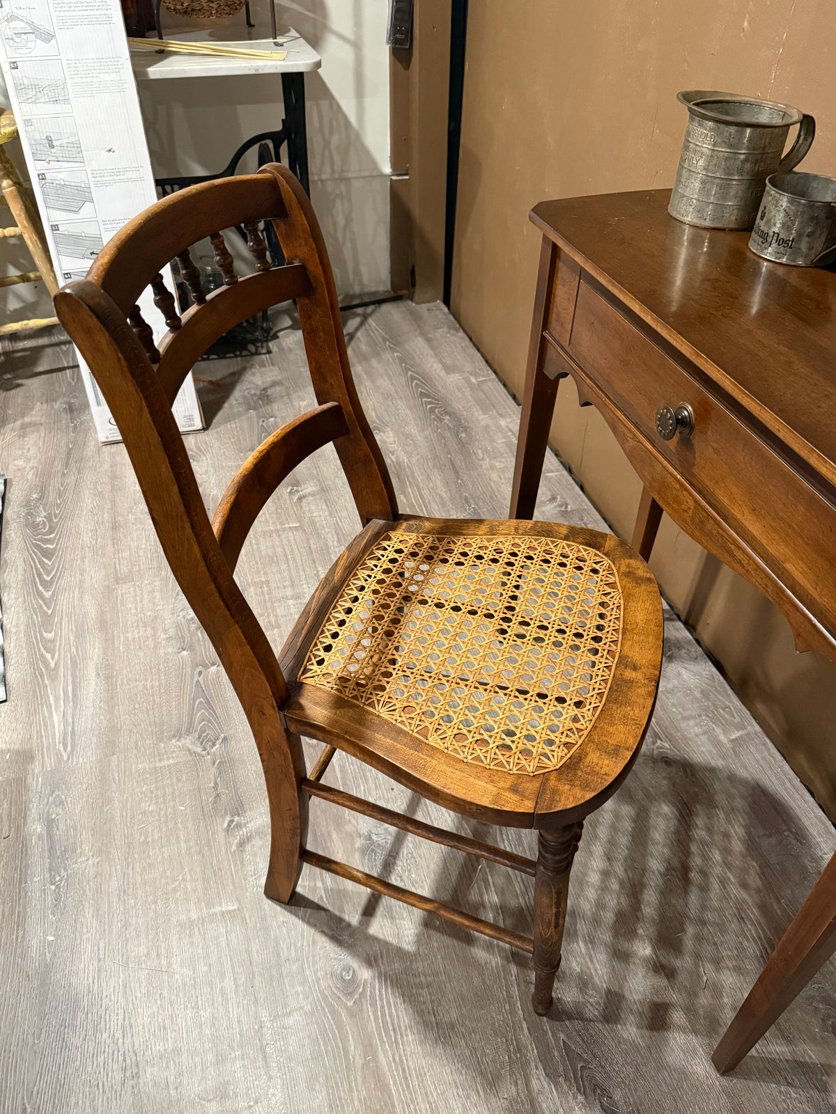 Antique Victorian Cane Seat Side Chair | Spindle Back Ladder Chair with Turned Legs