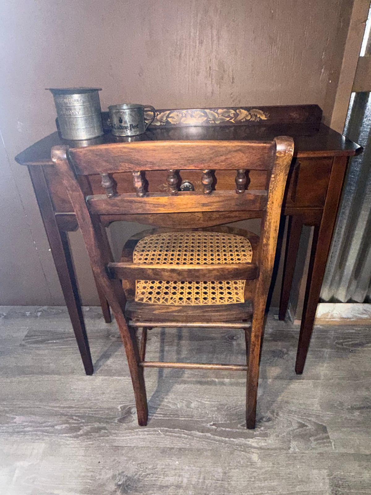 Antique Victorian Cane Seat Side Chair | Spindle Back Ladder Chair with Turned Legs
