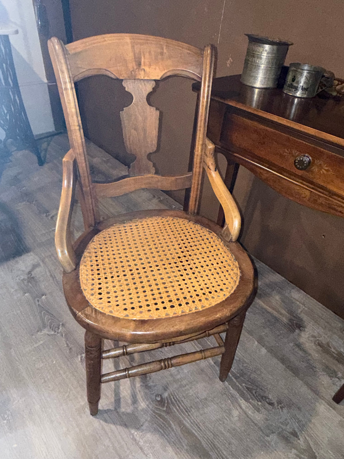Antique Victorian Cane Seat Armchair with Carved Splat Back