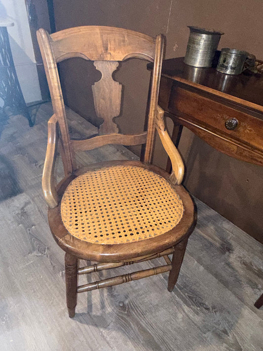 Antique Victorian Cane Seat Armchair with Carved Splat Back