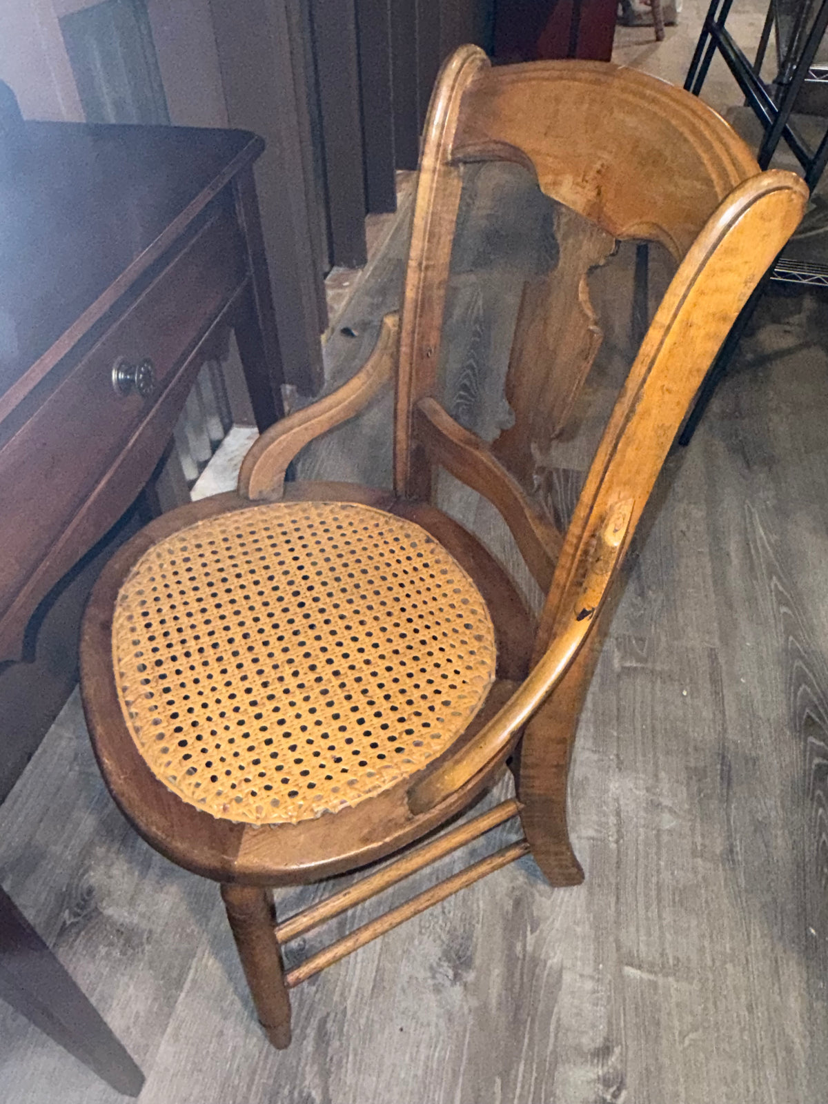Antique Victorian Cane Seat Armchair with Carved Splat Back
