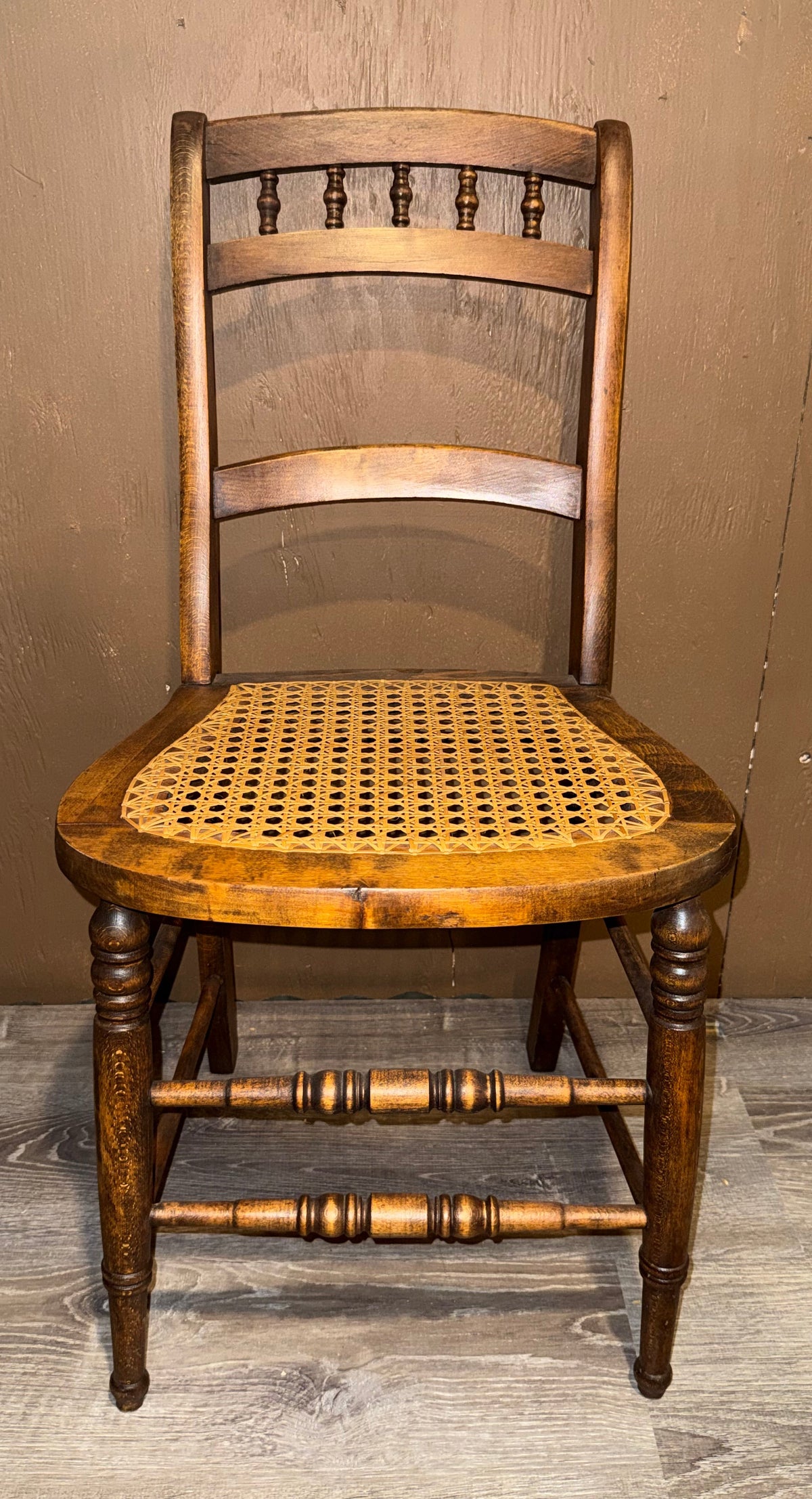 Antique Victorian Cane Seat Side Chair | Spindle Back Ladder Chair with Turned Legs