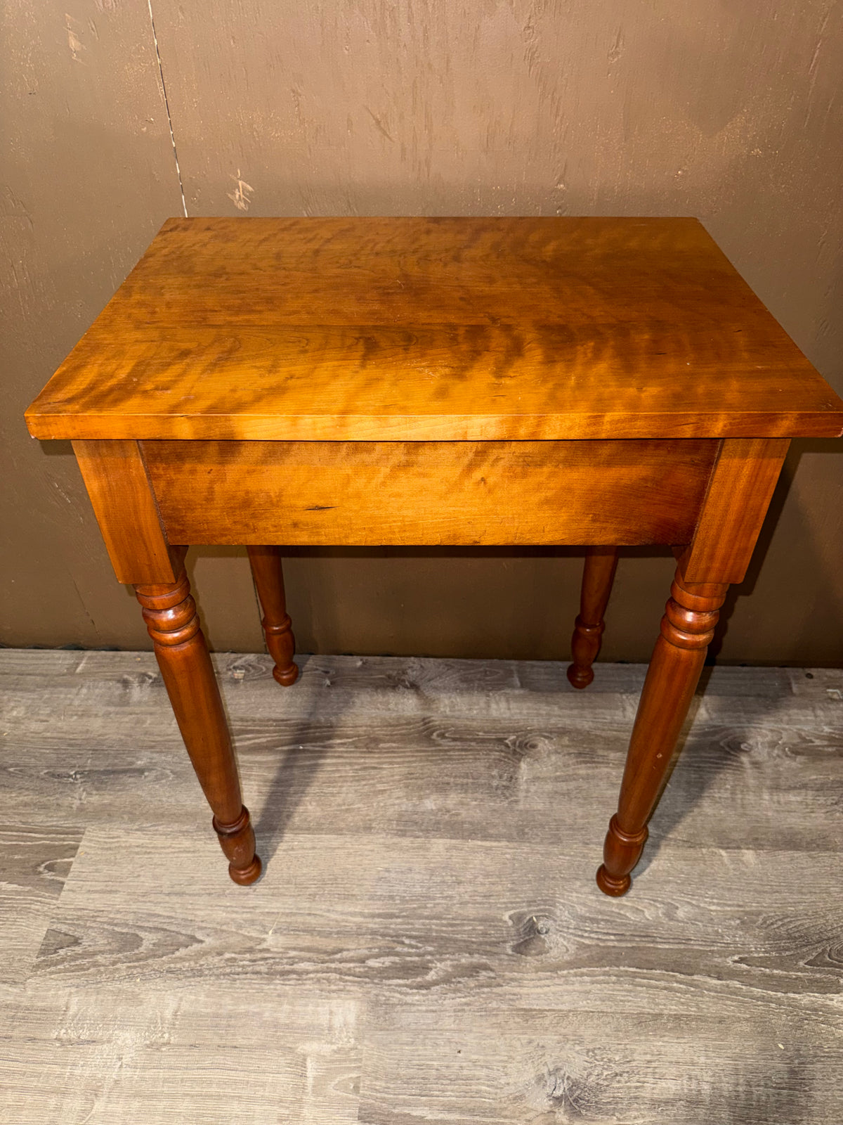 Antique Sheraton Style One Drawer Stand Table with Turned Legs, Figured Wood